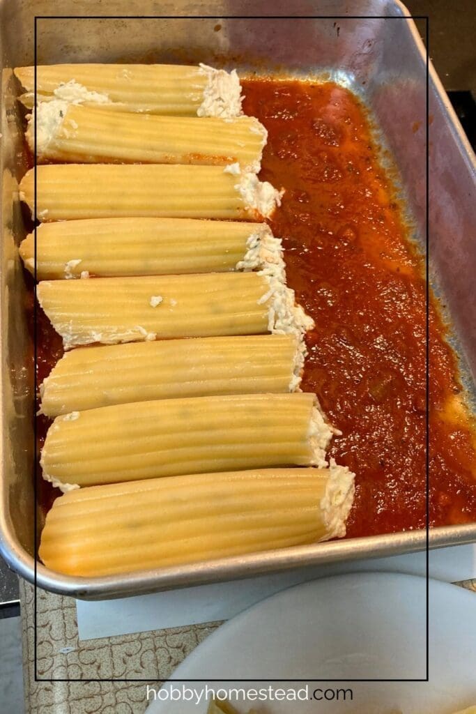 Adding Cheese Stuffed Manicotti Shells to Baking Dish